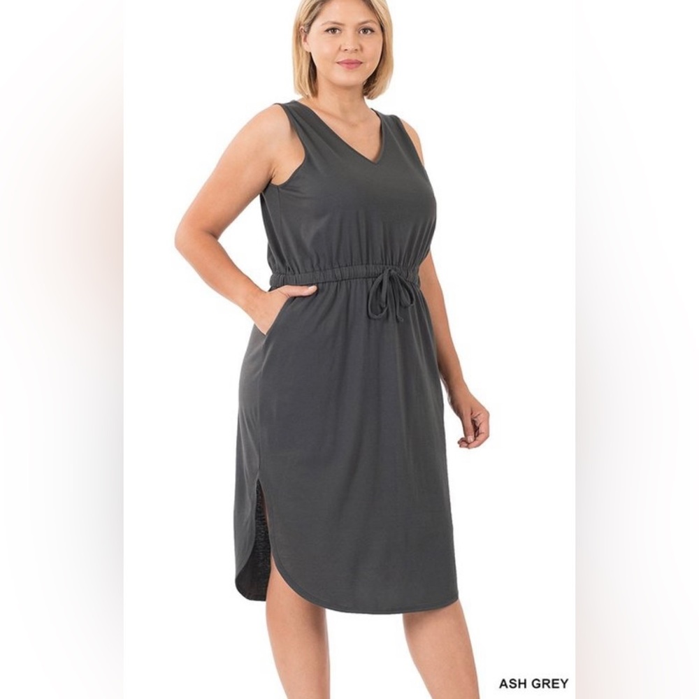 35 ❤️ Ash Gray Plus Size Drawstring Waist Curved Hem Dress With Pockets - Picture 3 of 6